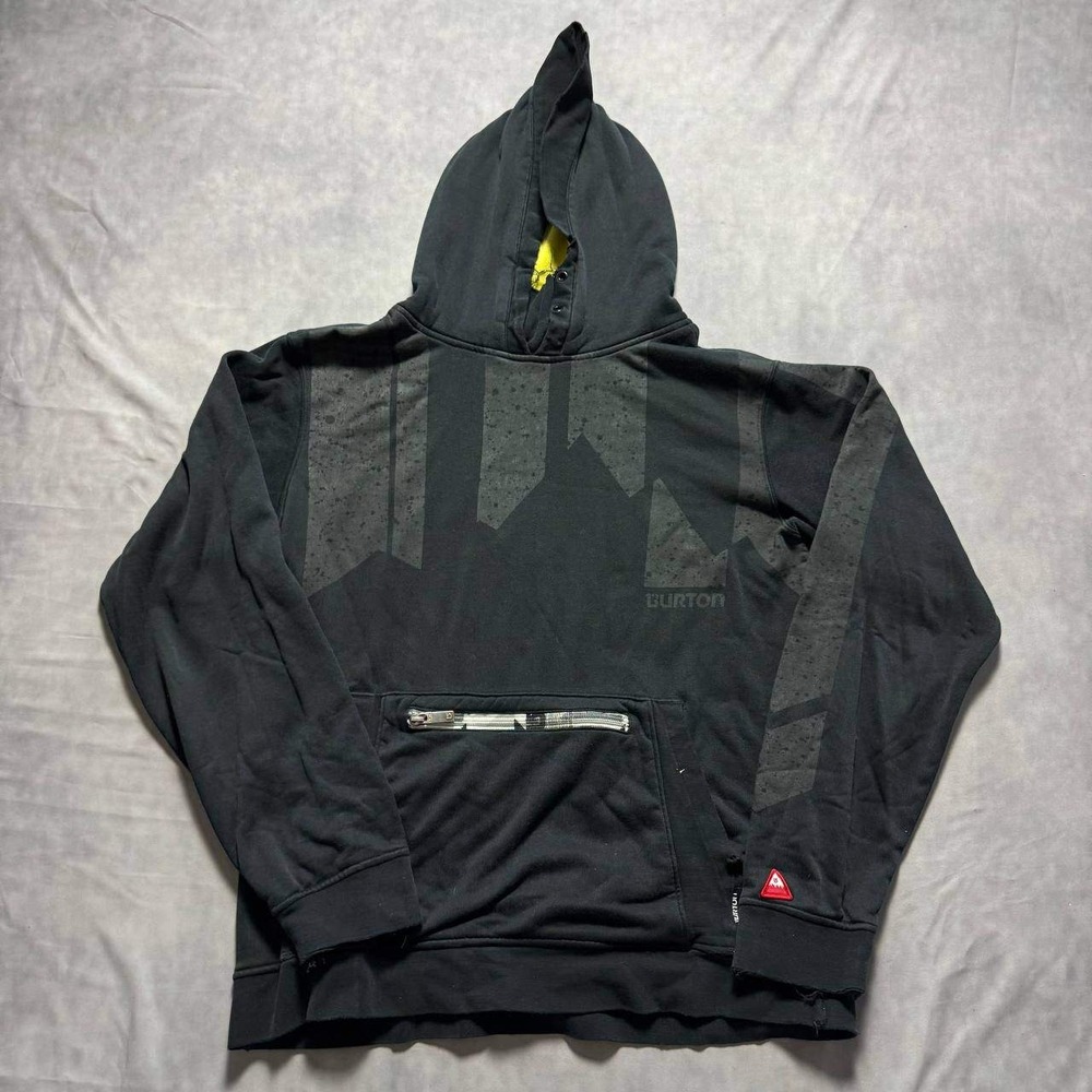 Burton Mens Hoodie Black Grey Mountain Graphic Zipper Pocket Yellow Lining Large